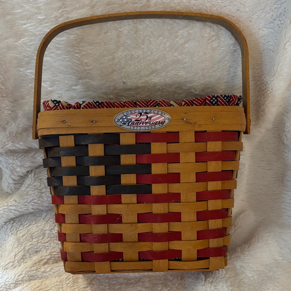 Longaberger 25th Anniversary Basket w/ Red & Blue Flag, Fabric & Plastic Liner